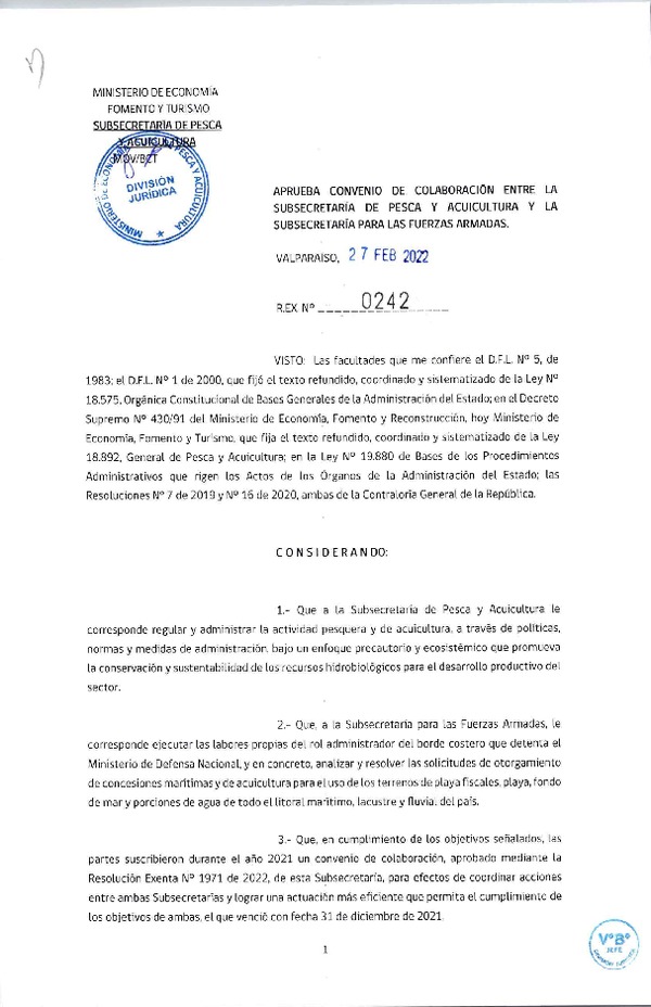 Res. Ex. N°242-2022, Aprueba convenio de colaboración entre la Subsecretaría de Pesca y Acuicultura y la Subsecretaría para las Fuerzas Armadas.