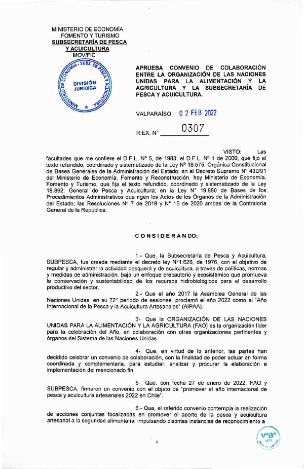 Res. Ex. N°307-2022, Aprueba convenio de colaboración entre la Organización de las Naciones Unidas para la Alimentación y la Subsecretaría de Pesca.