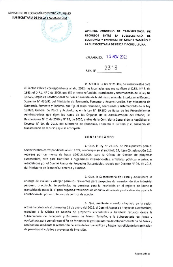 Res. Ex. N°2313-2022, Aprueba convenio de transferencia entre la Subsecretaría de Economía y Empresas de Menor Tamaño y la Subsecretaría de Pesca y Acuicultura.