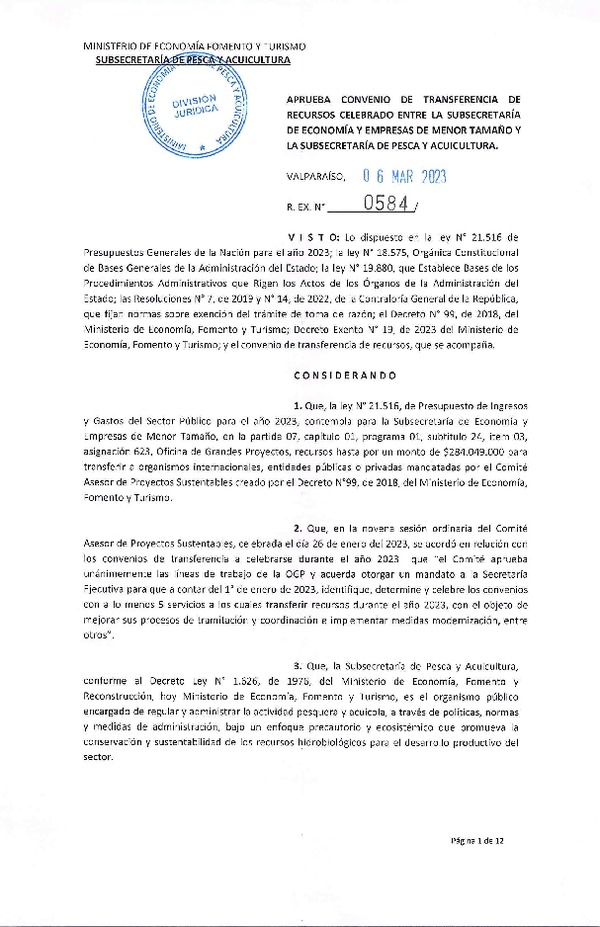 Res. Ex. N°584-2023, Aprueba convenio de transferencia de recursos celebrado entre la Subsecretaría de Economía y Empresas de Menor Tamaño y la Subsecretaría de Pesca y Acuicultura.