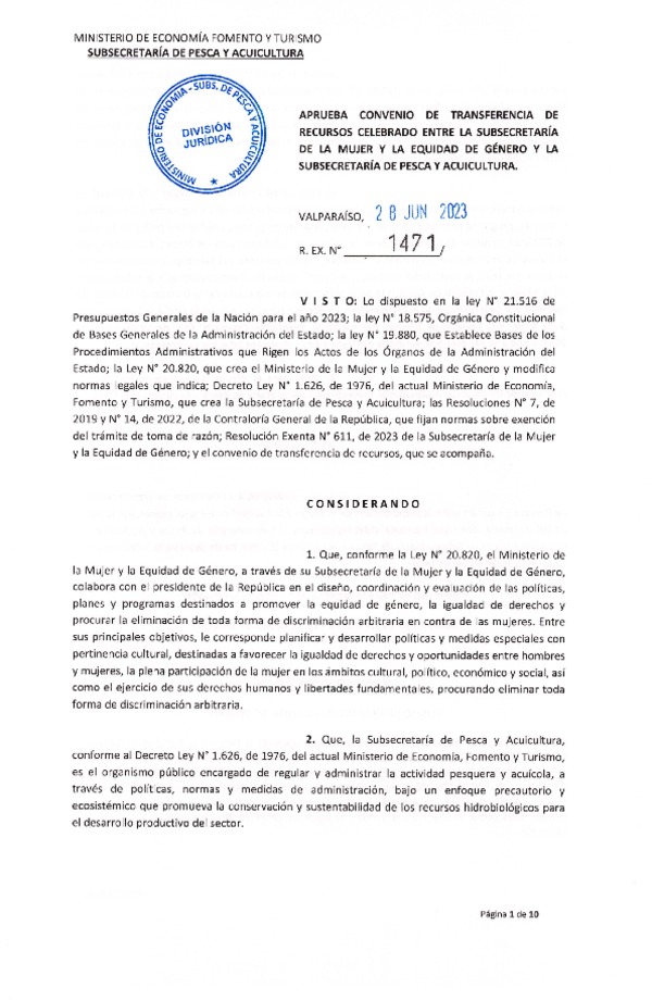Res. Ex. N°1471-2023, Aprueba convenio de transferencia de recursos celebrado entre la Subsecretaría de la Mujer y la Equidad de Género y la Subsecretaría de Pesca y Acuicultura.
