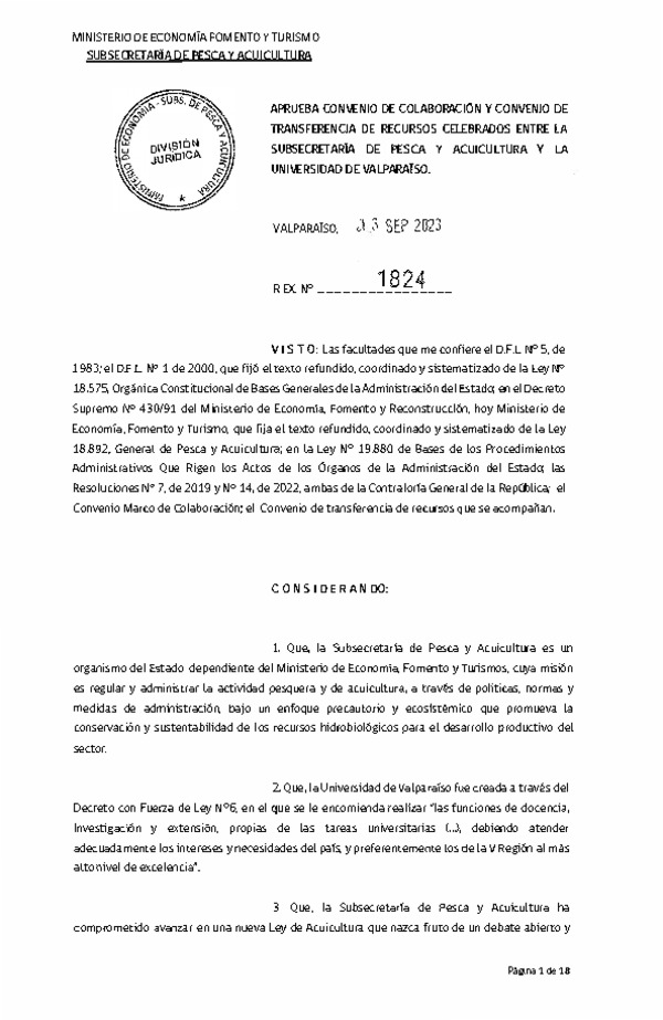 Res. Ex. N°1824-2023, Aprueba convenio de colaboración de transferencia de recursos celebrados entre la Subsecretaría de Pesca y Acuicultura y la Universidad de Valparaíso.