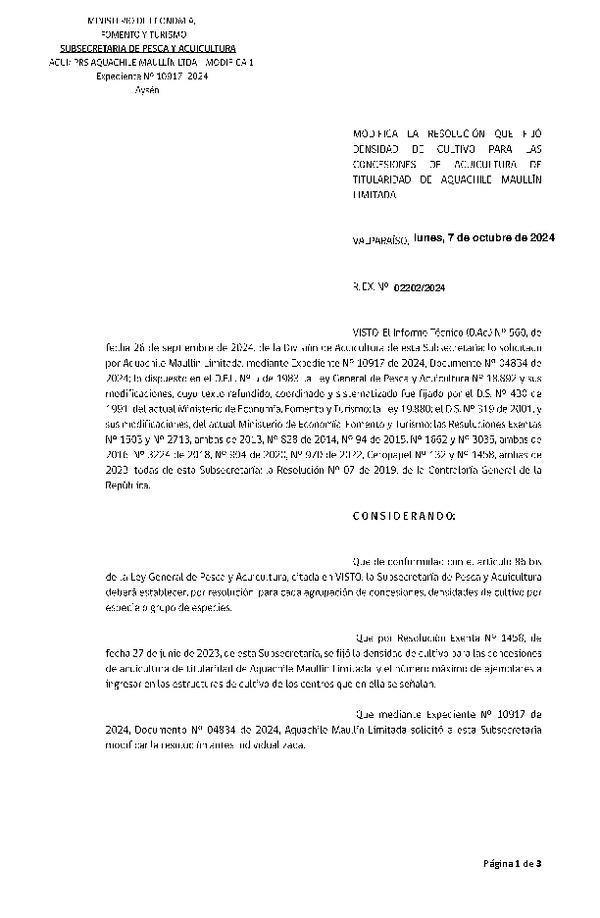 Res. Ex. N° 2202-2024 Modifica Res. Ex. N° 1458-2023 Fija densidad de cultivo para las concesiones de acuicultura de Aquachile Maullín Limitada. (con Informe Técnico) (Publicado en Página Web 10-10-2024)