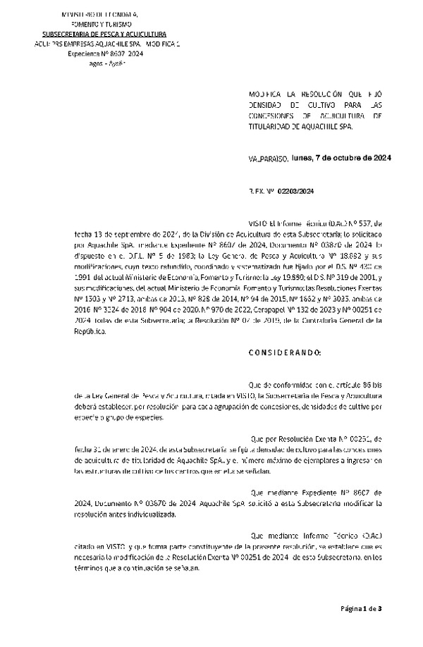 Res. Ex. N° 2203-2024 Modifica Res. Ex. N° 251-2024 Fija densidad de cultivo para las concesiones de acuicultura de titularidad de Aquachile SpA. (Con informe técnico) (Publicado en Página Web 10-10-2024)
