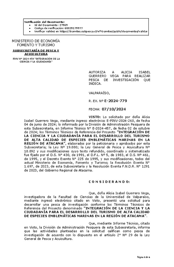 R. EX. Nº E-2024-779 AUTORIZA A ALICIA ISABEL GUERRERO VEGA PARA REALIZAR PESCA DE INVESTIGACIÓN QUE INDICA. (Publicado en Página Web 10-10-2024)