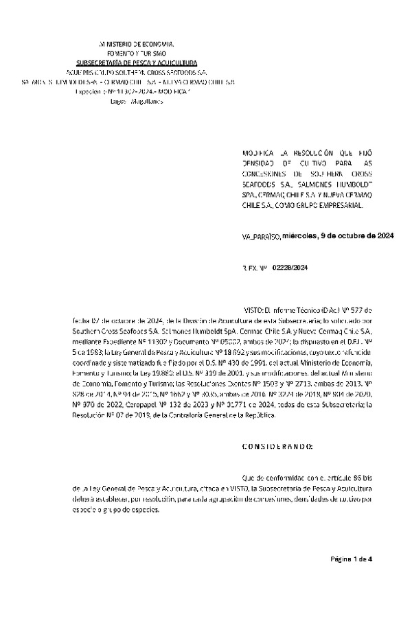 Res. Ex. N° 2228-2024 Modifica Res. Ex. N° 1771-2024 Fija densidad de cultivo para las concesiones de acuicultura de titularidad de Southern Cross Seafoods S.A., Salmones Humboldt SpA., Cermaq Chile S.A. y Nueva Cermaq Chile S.A. como grupo Empresarial. Aprueba programa de manejo que indica. (Con Informe Técnico) (Publicado en Página Web 10-10-2024)
