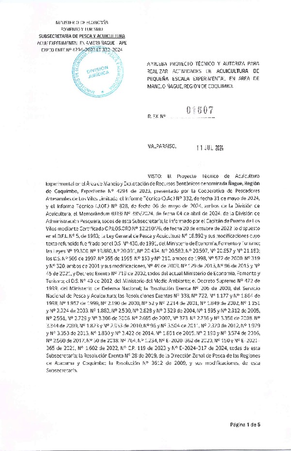 Res. Ex. N° 1607-2024, Aprueba Proyecto Técnico y Autoriza para Realizar Actividades de Acuicultura de Pequeña Escala Experimental en Área de Manejo Ñague, Región de Coquimbo. (Publicado en Página Web 11-07-2024)