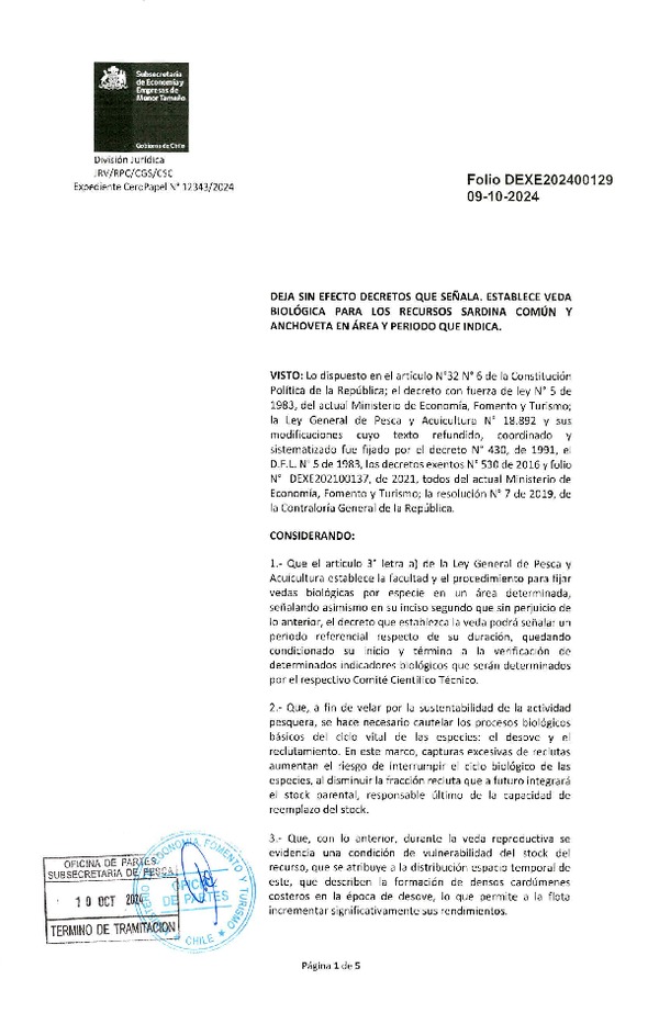 Dec. Ex. Folio 202400129 Deja sin Efecto Decretos que Señala. Establece Veda Biológica para los Recursos Anchoveta y Sardina Común Región de Valparaíso a Región de Los Ríos. (Publicado en Página Web 15-10-2024)