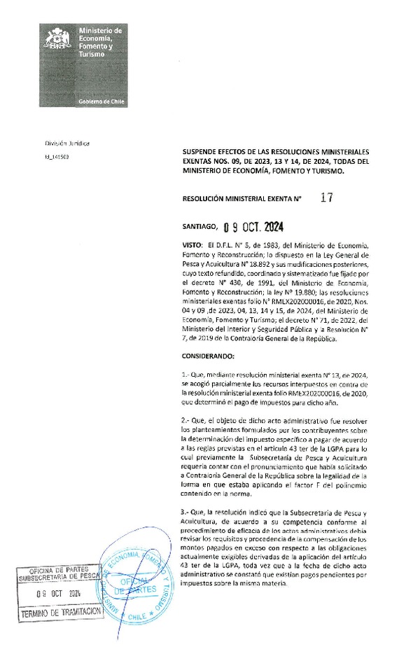Resolución Ministerial Exenta N° 177-2024 Suspende Efectos de las Resoluciones Ministeriales N° 09 de 2023, 13 y 14, ambas de 2024, Todas del Ministerio de Economía, Fomento y Turismo. (Publicado en Página Web 17-10-2024)