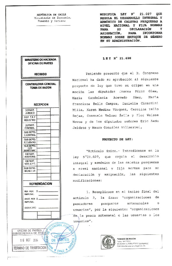 Ley N° 21.698 Modifica Lay N° 21.027 Que Regula el Desarrollo Integral y Armónico de Caletas Pesqueras a Nivel Nacional y Fija Normas Para su Declaración Asignación, para Incorporar Normas Sobre Enfoque de Género en Su Administración. (Publicado en Página Web 21-10-2024) (F.D.O. 19-10-2024)
