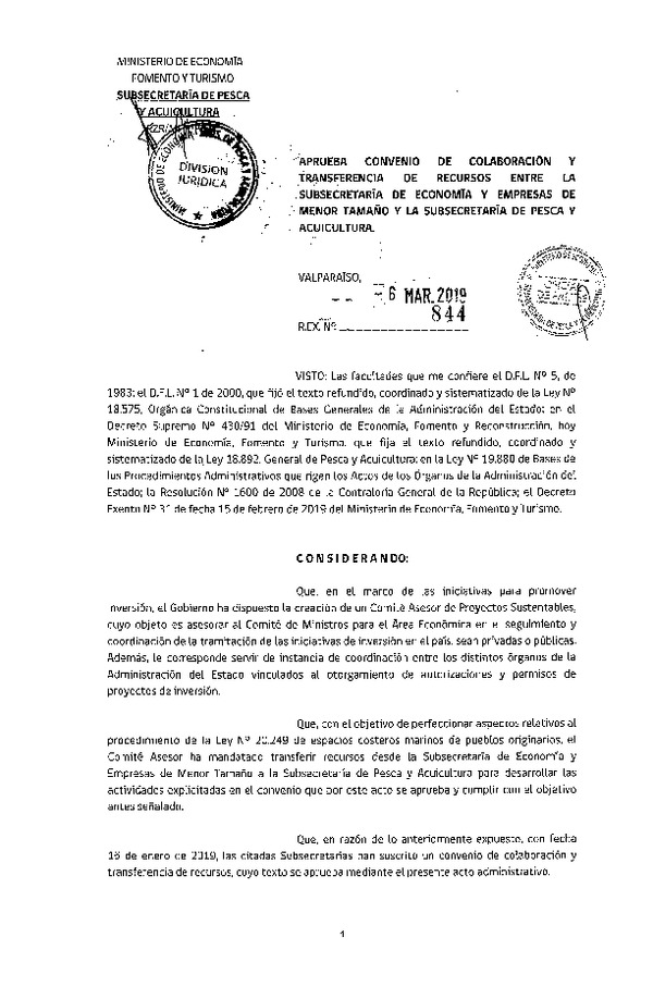 Res. Ex N°844-2019, aprueba convenio de colaboración y transferencia de recursos entre la Subsecretaría de Economía y Empresas de Menor Tamaño y la Subsecretaría de Pesca y Acuicultura. (Publicado en Página Web 21-10-2024)