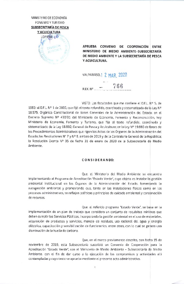 Res. Ex N°766-2020, aprueba convenio de cooperación entre Ministerio de Medio Ambiente - Subsecretaría de Medio Ambiente y la Subsecretaría de Pesca y Acuicultura. (Publicado en Página Web 21-10-2024)