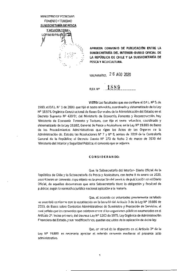 Res. Ex N°1889-2020, aprueba convenio de publicación entre la Subsecretaría del Interior - Diario Oficial de la República de Chile y la Subsecretaría de Pesca y Acuicultura. (Publicado en Página Web 21-10-2024)