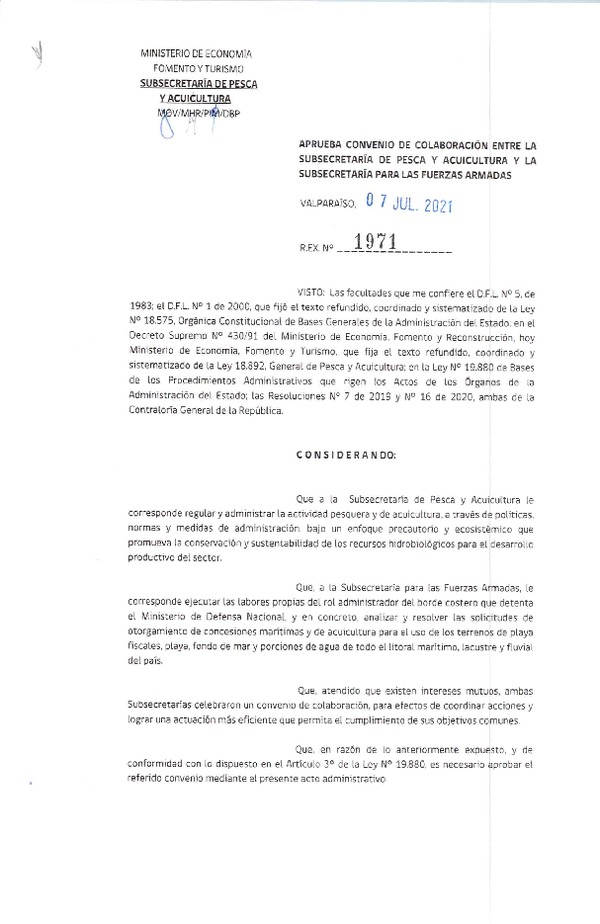 Res. Ex. N°1971-2021, aprueba convenio de colaboración entre la Subsecretaría de Pesca y Acuicultura y la Subsecretaría para las Fuerzas Armadas. (Publicado en Página Web 21-10-2024)