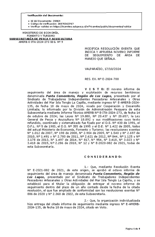 Res Ex N° E-2024-788, Modifica Resolución que indica y Aprueba noveno informe de seguimiento. (Publicado en Página Web 21-10-2024).