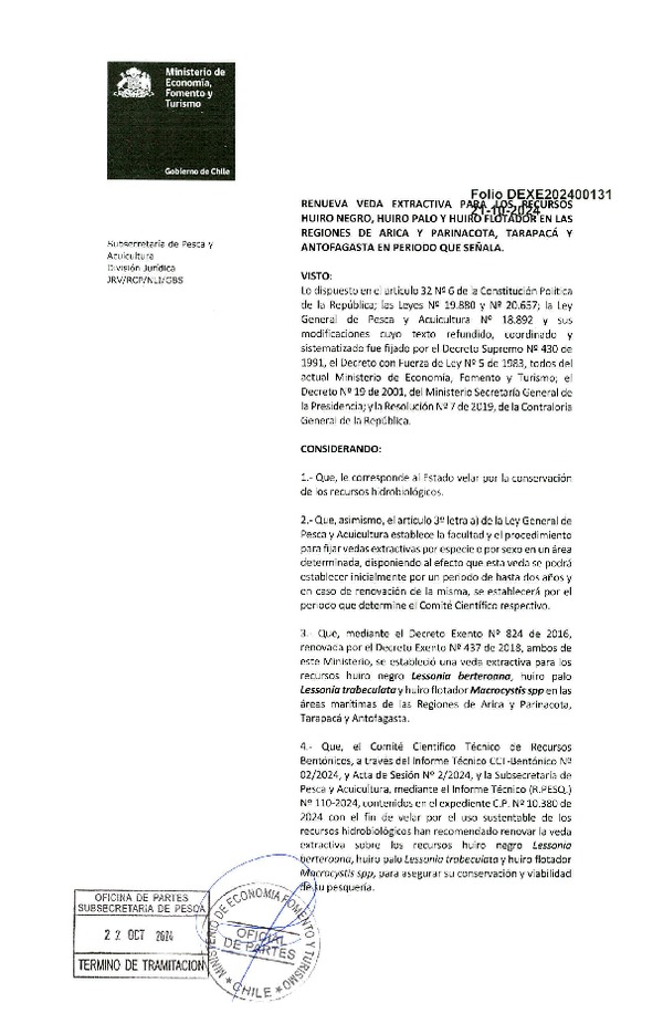 Dec. Ex. Folio N° 202400131 Renueva Veda Extractiva para los Recursos huiro negro, Huiro palo y Huiro flotador en las Regiones de Arica y Parinacota, Tarapacá y Antofagasta, en Período que Señala. (Publicado en Página Web 22-10-2024)