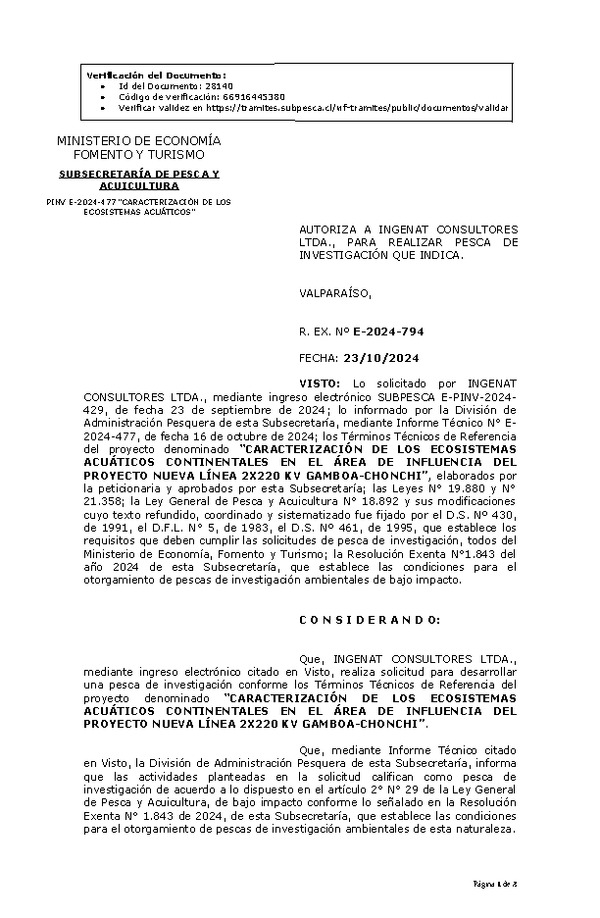 R. EX. Nº E-2024-794 AUTORIZA A INGENAT CONSULTORES LTDA., PARA REALIZAR PESCA DE INVESTIGACIÓN QUE INDICA. (Publicado en Página Web 24-10-2024)