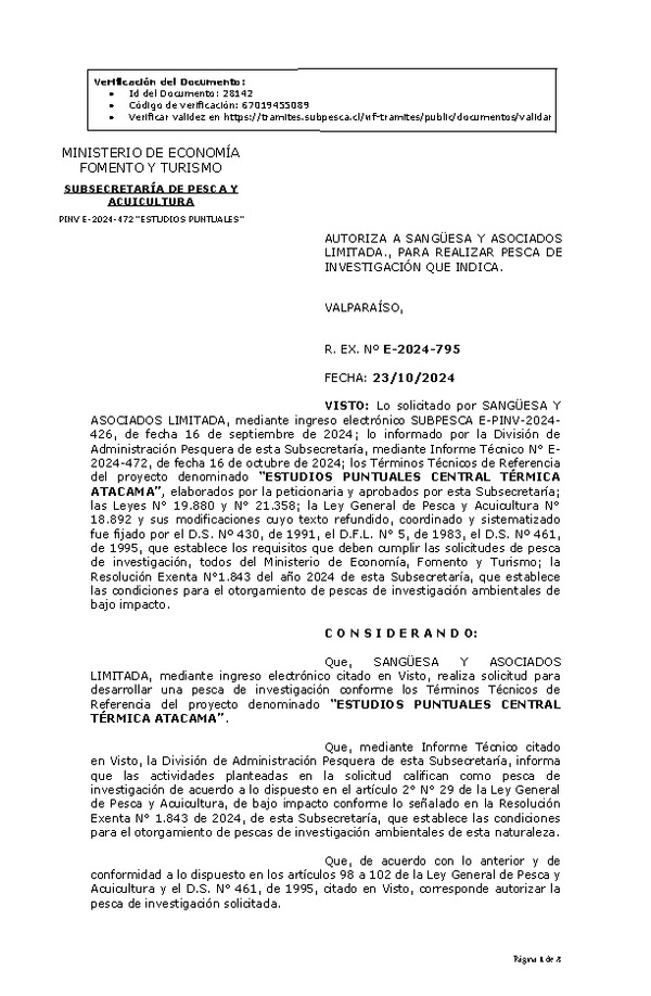 R. EX. Nº E-2024-795 AUTORIZA A SANGÜESA Y ASOCIADOS LIMITADA., PARA REALIZAR PESCA DE INVESTIGACIÓN QUE INDICA. (Publicado en Página Web 24-10-2024)