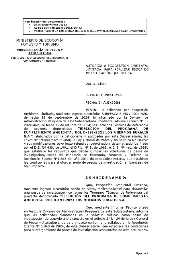 R. EX. Nº E-2024-796 AUTORIZA A ECOGESTIÓN AMBIENTAL LIMITADA, PARA REALIZAR PESCA DE INVESTIGACIÓN QUE INDICA. (Publicado en Página Web 24-10-2024)