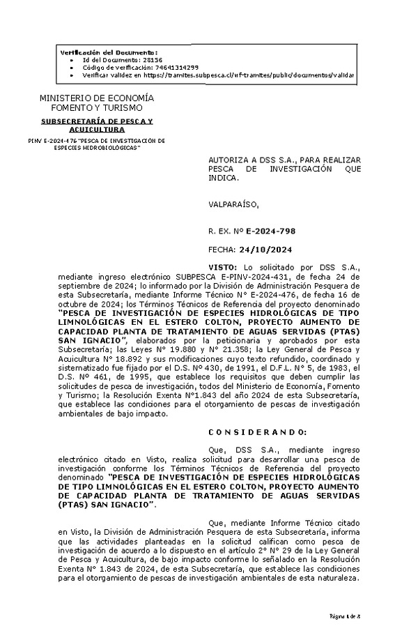 R. EX. Nº E-2024-798 AUTORIZA A DSS S.A., PARA REALIZAR PESCA DE INVESTIGACIÓN QUE INDICA. (Publicado en Página Web 24-10-2024)