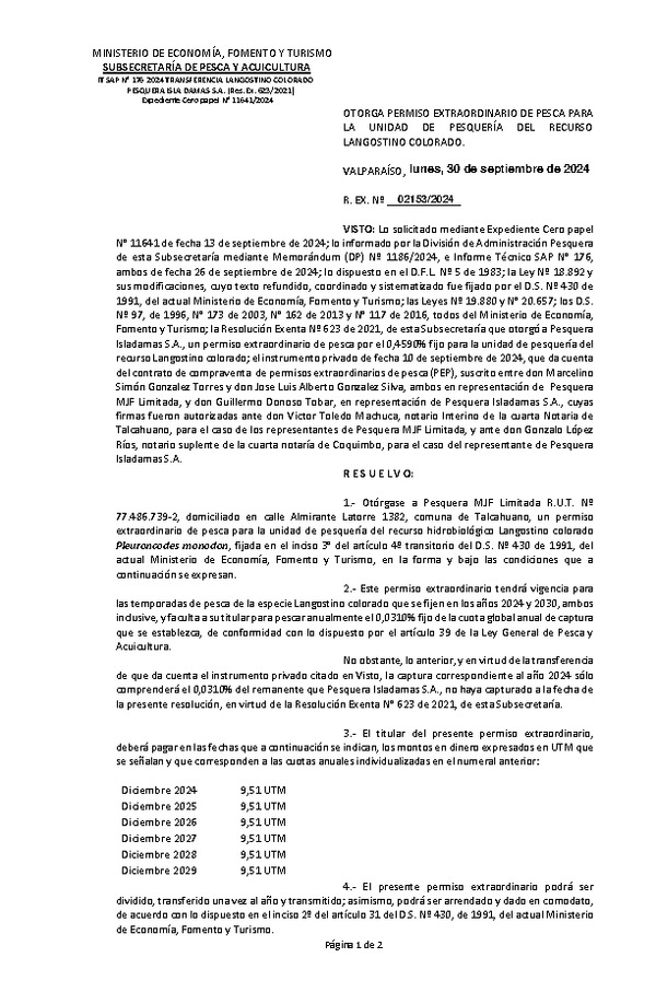 Res. Ex. N° 2153-2024 Otorga permiso extraordinario de pesca para la unidad de pesquería del recurso Langostino colorado. (F.D.O. 16-10-2024)