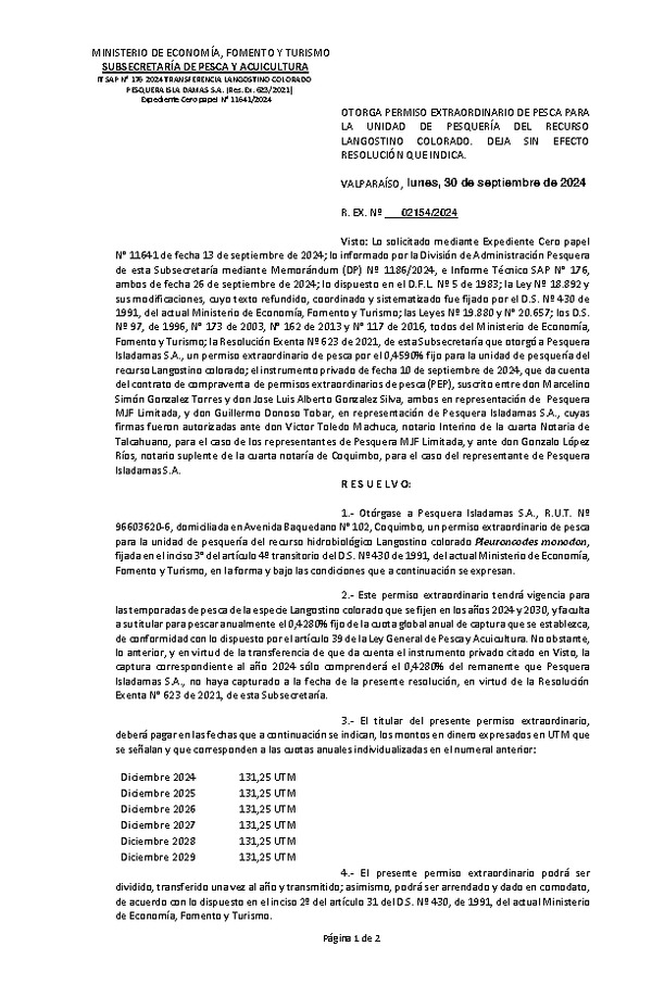 Res. Ex. N° 2154-2024 Otorga permiso extraordinario de pesca para la unidad de pesquería del recurso Langostino colorado y deja sin efecto resolución N° 623 exenta, de 2021. (F.D.O. 16-10-2024)