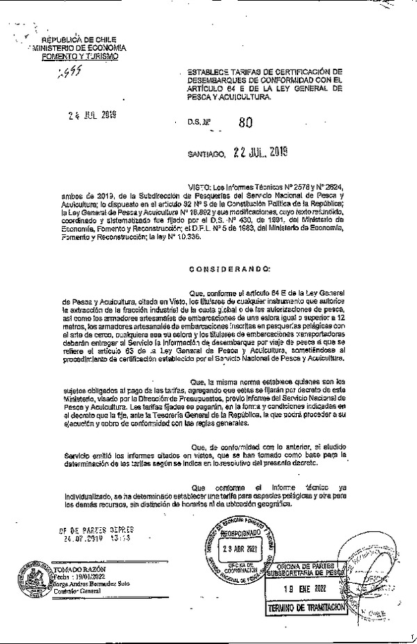 D.S. N° 80-2019 Establece Tarifas de Certificación de Desembarques de Conformidad con el Articulo 64 E de la Ley General de Pesca y Acuicultura. (Publicado en Página Web 30-10-2024)