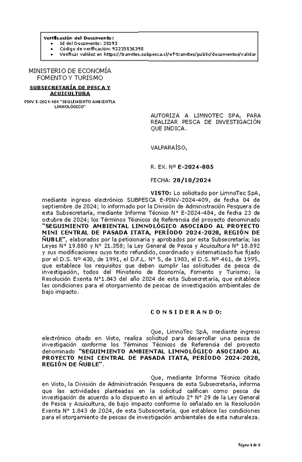R. EX. Nº E-2024-805 AUTORIZA A LIMNOTEC SPA, PARA REALIZAR PESCA DE INVESTIGACIÓN QUE INDICA. (Publicado en Página Web 30-10-2024)