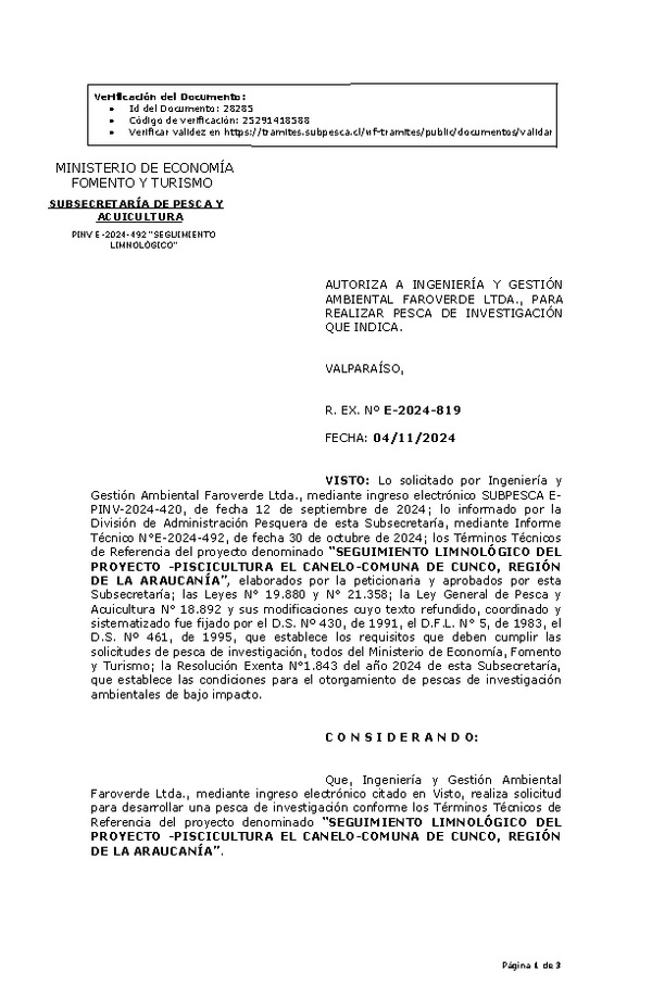 R. EX. Nº E-2024-819 AUTORIZA A INGENIERÍA Y GESTIÓN AMBIENTAL FAROVERDE LTDA., PARA REALIZAR PESCA DE INVESTIGACIÓN QUE INDICA. (Publicado en Página Web 05-11-2024)