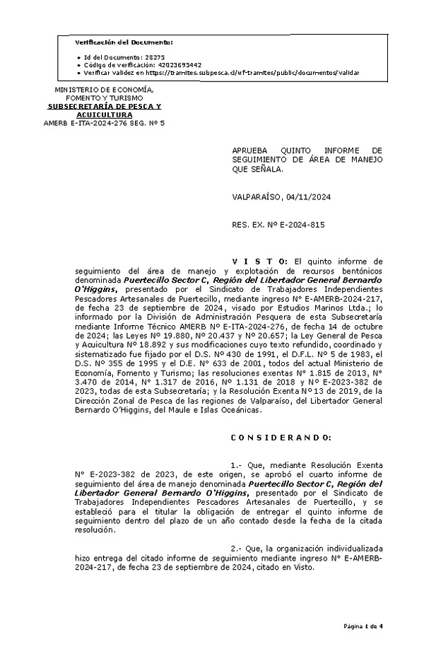 RES. EX. Nº E-2024-815 Aprueba quinto informe de seguimiento. (Publicado en Página Web 05-11-2024)