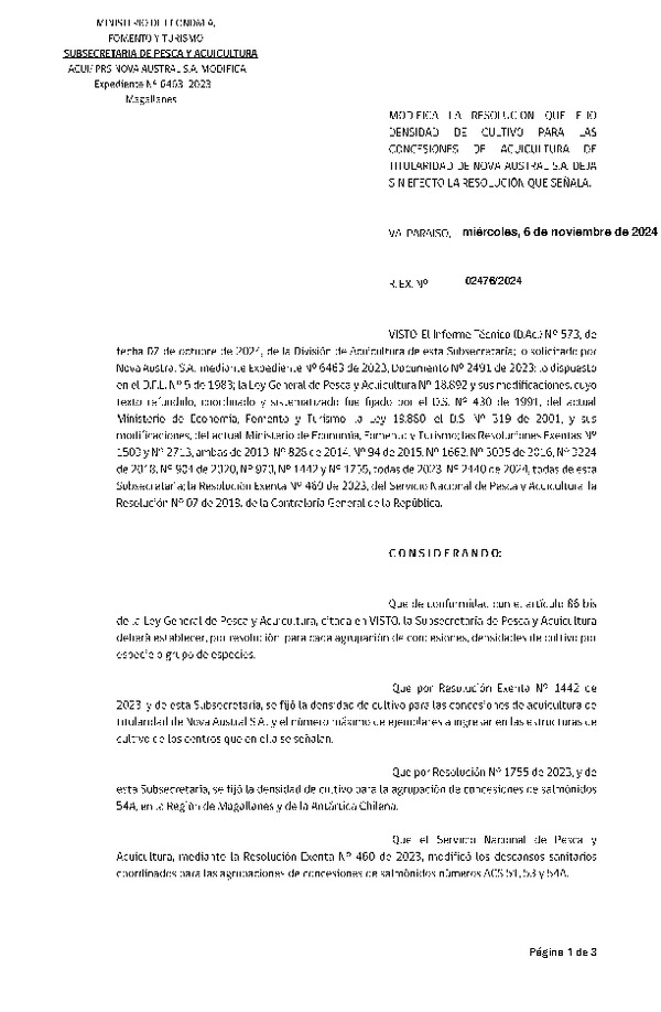 Res. Ex. N° 2476-2024 Modifica Res. Ex. N° 1442-2023 Fija densidad de cultivo para las concesiones de titularidad de Nova Austral S.A. (Publicado en Página Web 06-11-2024)