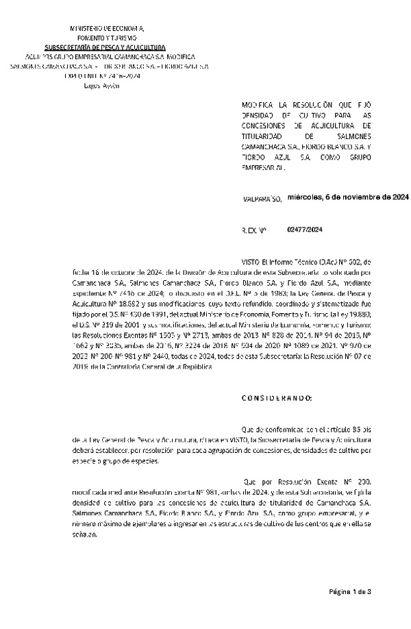 Res. Ex. N° 2477-2024 Modifica Res. Ex. N° 200-2024 Fija densidad de cultivo para las concesiones de acuicultura de titularidad de Camanchaca S.A., Salmones Camanchaca S.A., Fiordo Blanco S.A. y Fiordo Azul S.A., como grupo empresarial. Aprueba Programa de Manejo que Indica. (Con informe técnico) (Publicado en Página Web 06-11-2024)