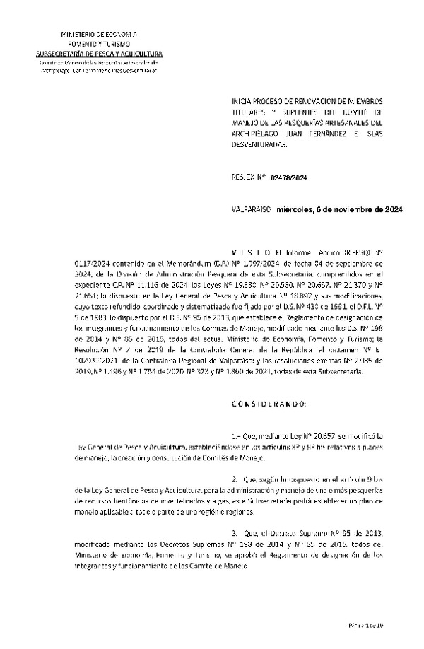 Res. Ex. N° 2478-2024 Inicia proceso de renovación de miembros titulares y suplentes del Comité de Manejo de las Pesquerías Artesanales de Juan Fernández e Islas Desventuradas. (Publicado en Página Web 06-11-2024)