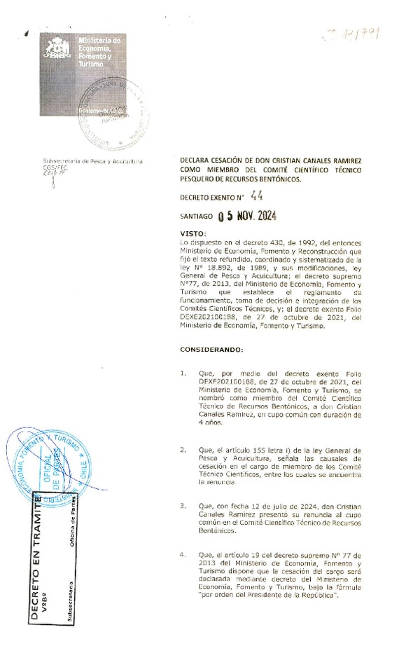 Dec. Ex. N° 44-2024 Declara Cesación de Don Cristian Canales Ramírez Como Miembro del Comité Científico Técnico Pesquero de Recursos Bentónicos. (Publicado en Página Web 17-11-2024)