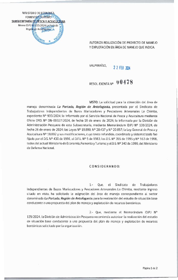 Res. Ex. N° 478-2024 Autoriza realización de proyecto de manejo y explotación en área de manejo que indica. (Publicado en Página Web 22-02-2024)