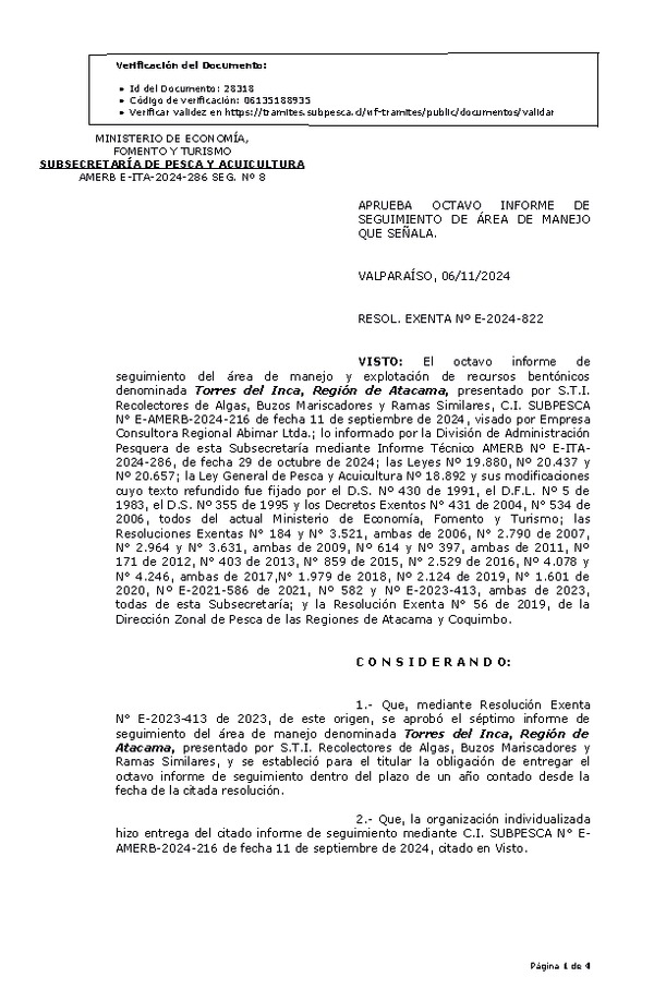 RESOL. EXENTA Nº E-2024-822 Aprueba octavo informe de seguimiento. (Publicado en Página Web 08-11-2024)