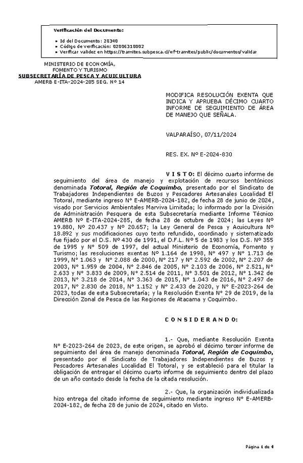 RES. EX. Nº E-2024-830 Modifica resolución que indica, aprueba décimo cuarto informe de seguimiento. (Publicado en página web 08-11-2024)