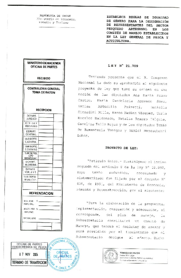 Ley N° 21.709 Establece Reglas de Igualdad de Género para la Designación de Representantes del Sector Pesquero Artesanal en los Comités de Manejo Establecidos en la Ley General de Pesca y Acuicultura. (Publicado en Pagina Web 12-11-2024) (F.D.O. 12-11-2024)