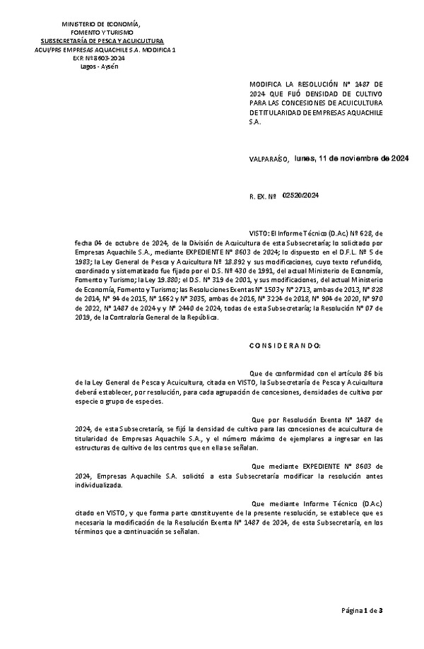 Res. Ex. N° 2520-2024 Modifica Res. Ex. N° 1487-2024 Fija densidad de cultivo para las concesiones de acuicultura de titularidad de Empresas Aquachile S.A. Aprueba programa de manejo que indica. (Con Informe Técnico) (Publicado en Página Web 12-11-2024)