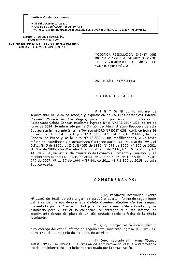 RES. EX. Nº E-2024-834 Modifica resolución que indica, aprueba quinto informe de seguimiento. (Publicado en Página Web 13-11-2024)