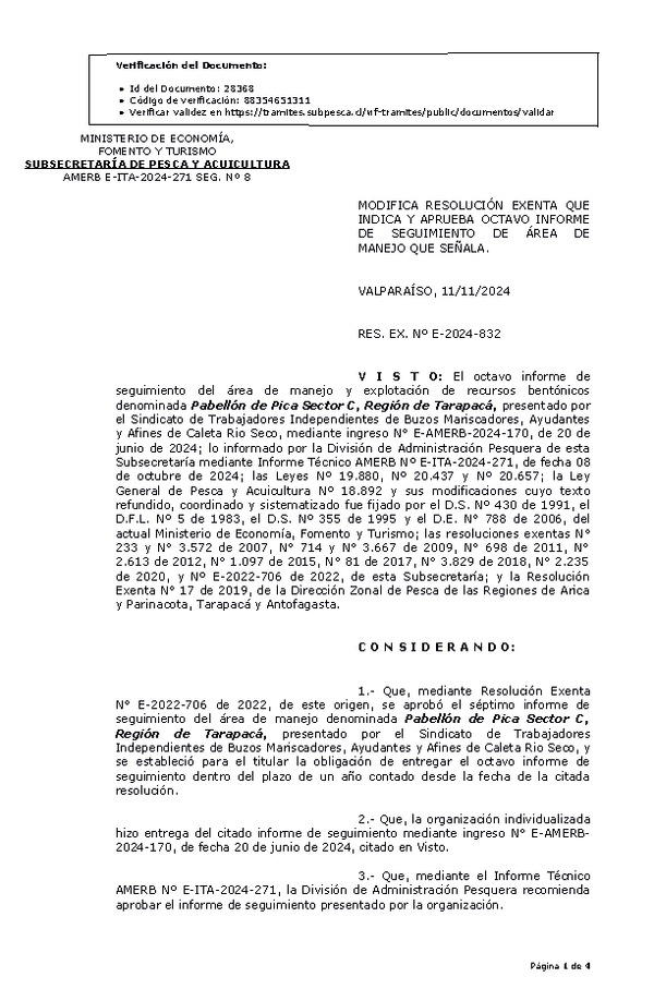 RES. EX. Nº E-2024-832 Modifica resolución que indica, aprueba octavo informe de seguimiento. (Publicado en Página Web 13-11-2024)
