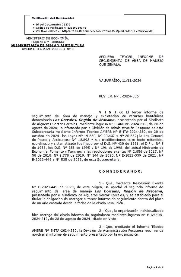 RES. EX. Nº E-2024-836 Aprueba tercer informe de seguimiento. (Publicado en Página Web 13-11-2024)