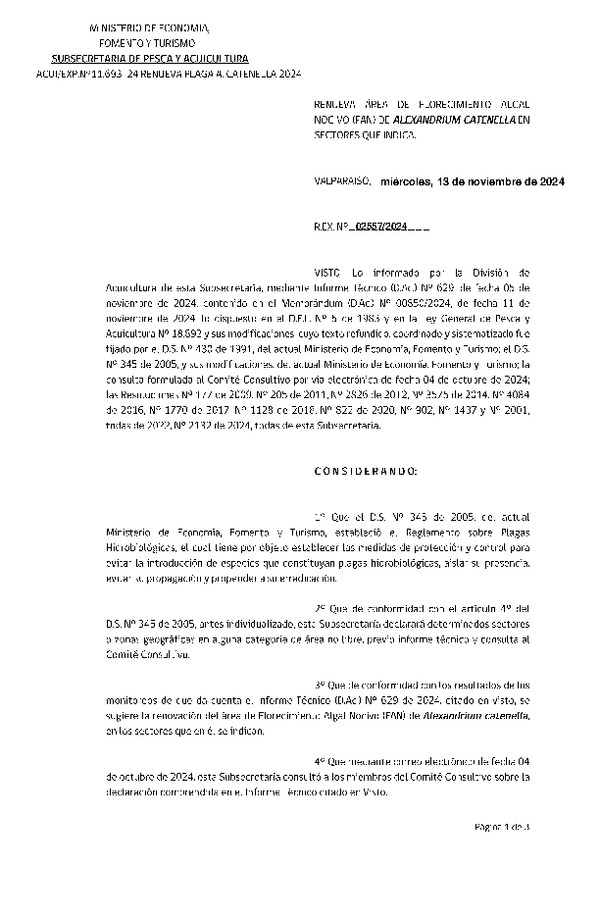 Res. Ex. N° 2557-2024 Renueva Área de Florecimiento Algal Nocivo (FAN) de Alexandrium Catenella en Sectores que Indica. (Publicado en Página Web 14-11-2024)