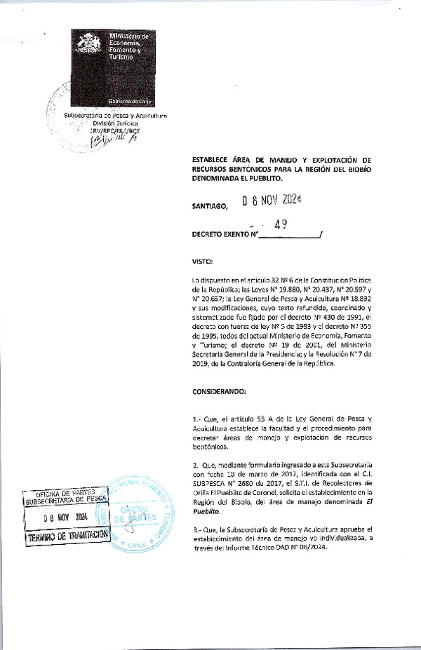 Dec. Ex. N° 49-2024 Establece Área de Manejo y Explotación de Recursos Bentónicos para la Región de del Biobío Denominada El Pueblito. (Publicado en Página Web 15-11-2024)