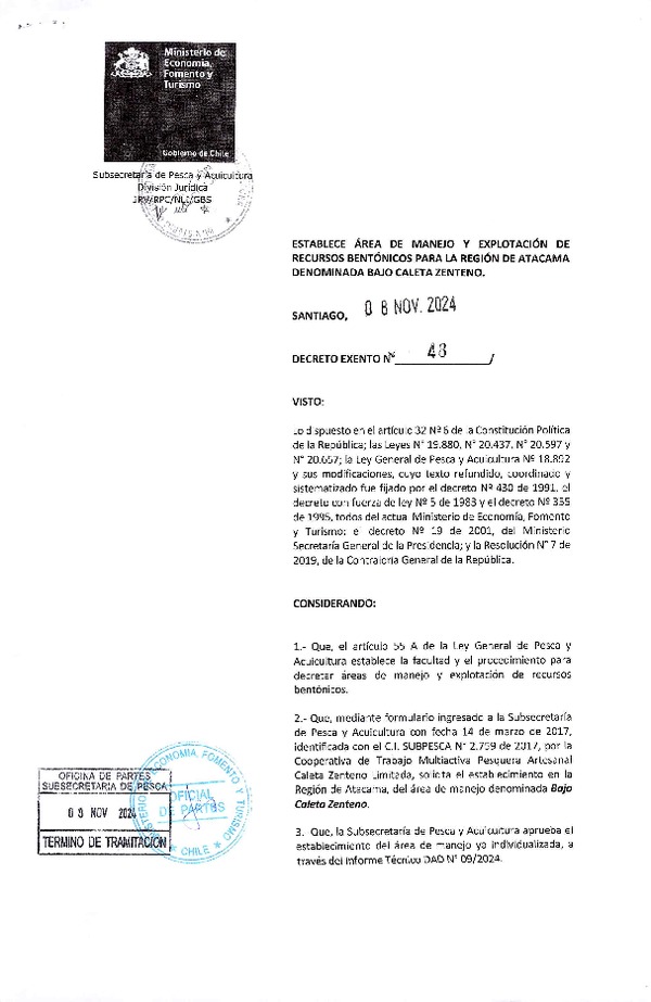 Dec. Ex. N° 48-2024 Establece Área de Manejo y Explotación de Recursos Bentónicos para la Región de del Biobío Denominada Bajo Caleta Zenteno. (Publicado en Página Web 15-11-2024)