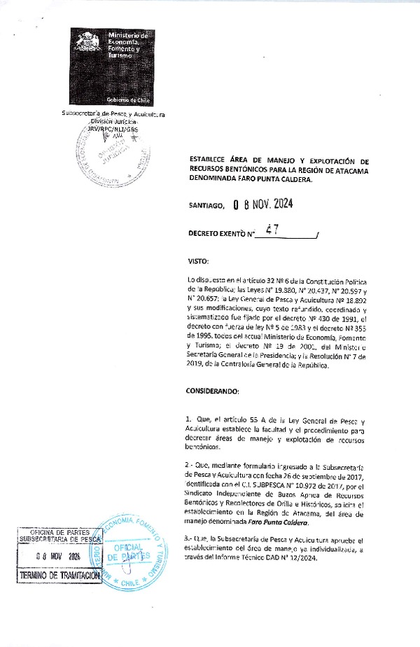 Dec. Ex. N° 47-2024 Establece Área de Manejo y Explotación de Recursos Bentónicos para la Región de Atacama Denominada Faro Punta Caldera. (Publicado en Página Web 15-11-2024)