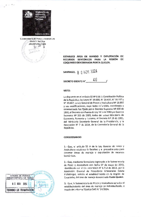 Dec. Ex. N° 46-2024 Establece Área de Manejo y Explotación de Recursos Bentónicos para la Región de Coquimbo Denominada Faro Punta Quelen. (Publicado en Página Web 15-11-2024)