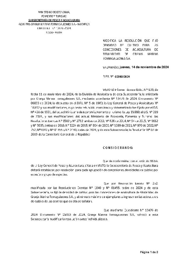 Res. Ex. N° 2565-2024 Modifica Res. Ex. N° 252-2024 Fija densidad de cultivo para las concesiones de acuicultura de titularidad de Granja Marina Tornagaleones S.A. Aprueba Programa de Manejo que Indica. (Con informe técnico) (Publicado en Página Web 15-11-2024)