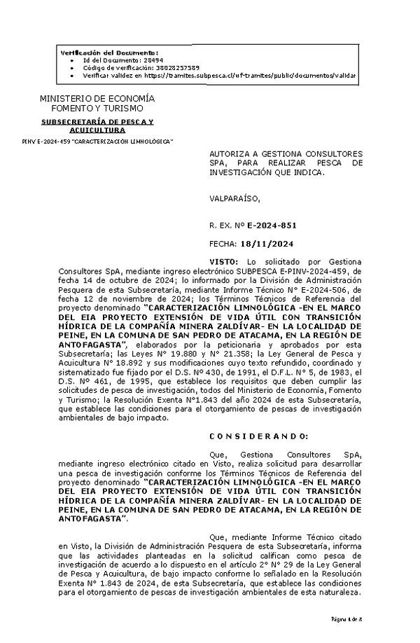 R. EX. Nº E-2024-851 AUTORIZA A GESTIONA CONSULTORES SPA, PARA REALIZAR PESCA DE INVESTIGACIÓN QUE INDICA. (Publicado en Página Web 18-11-2024)