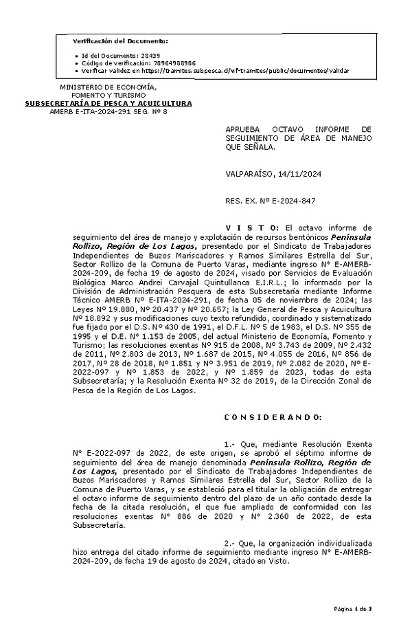 RES. EX. Nº E-2024-847 Aprueba octavo informe de seguimiento. (Publicado en Página Web 19-11-2024)